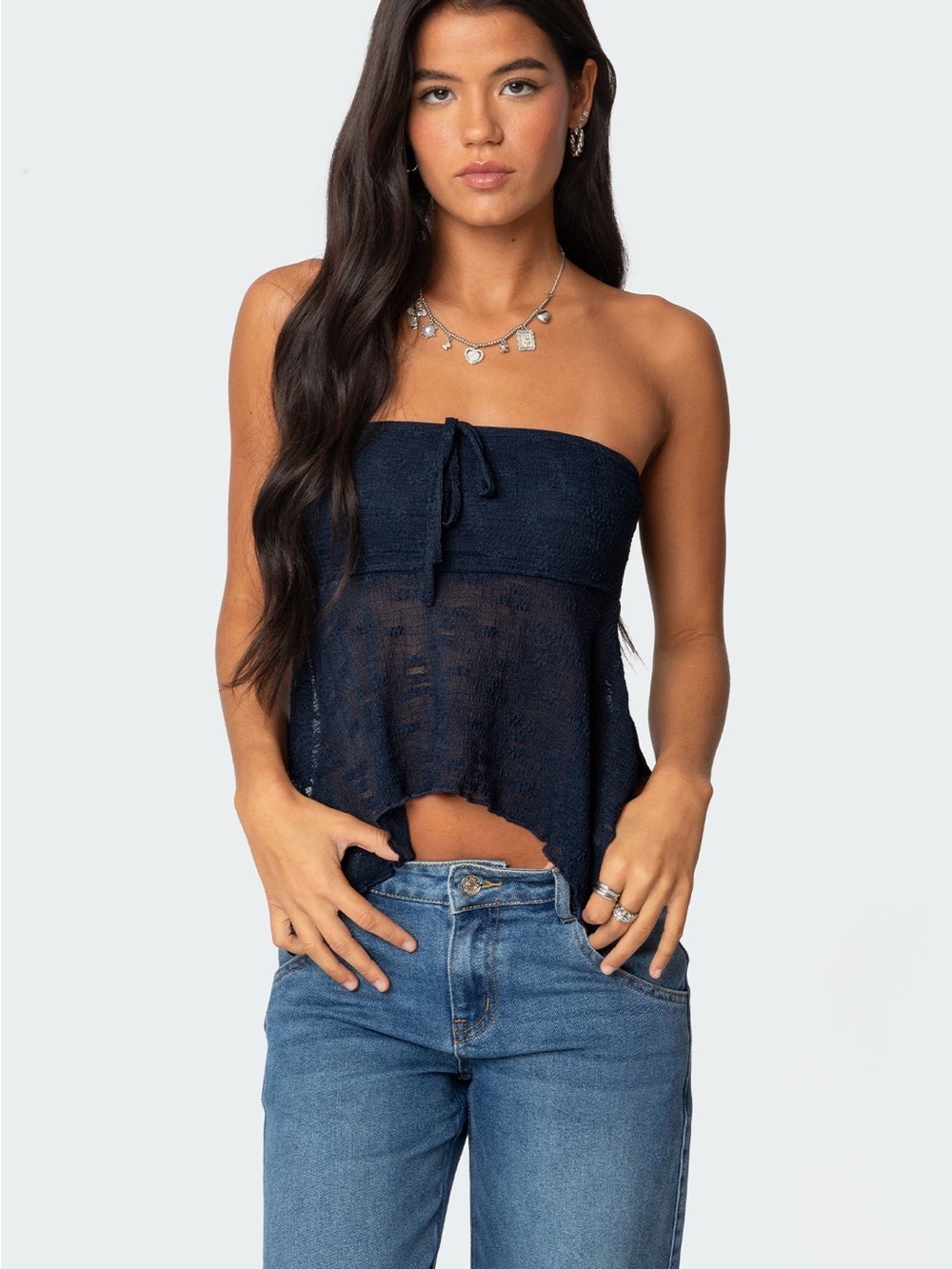 Edikted Navy Strapless Lace Tie-Front Camisole